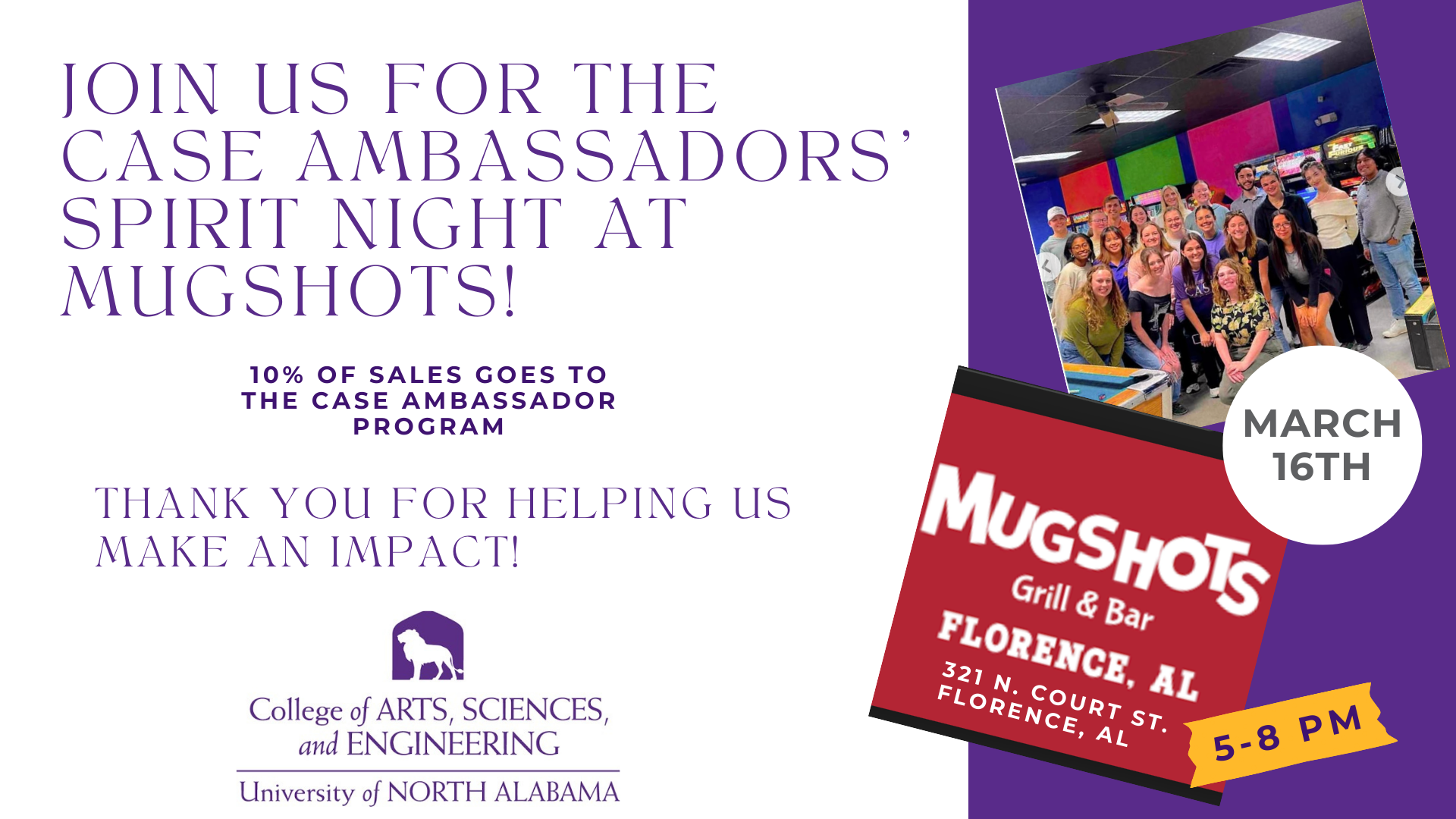 Support CASE Ambassadors at Mugshots | March 16, 5–8 PM