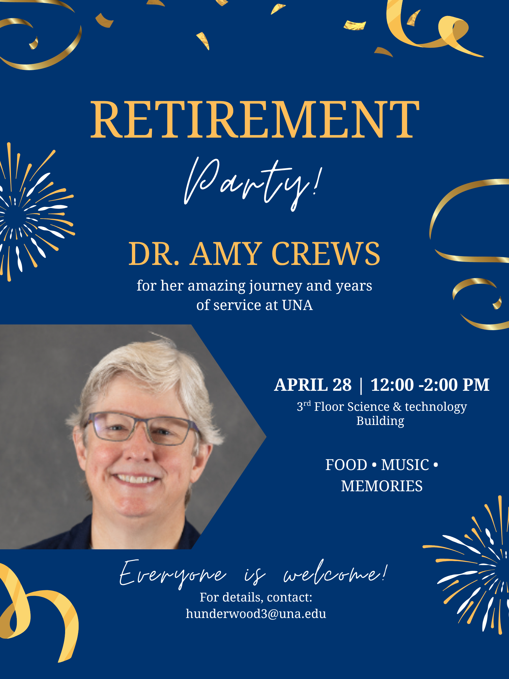 Navy flyer: Amy Crews Retirement, April 28, 12:00-2:00 pm, 3rd floor science and technology building